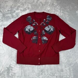 J Crew Jackie Floral Cardigan Sweater Womens L Maroon Gray Sequin Embroidered